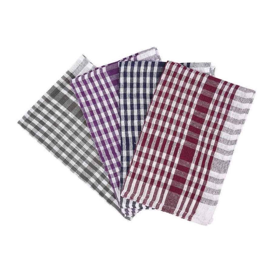 Four kitchen check dusters in grey, purple, navy and maroon