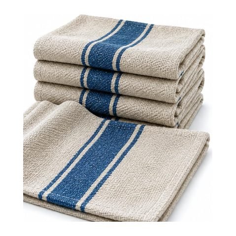 Stack of natural heavy floor cloths with a wide blue stripe