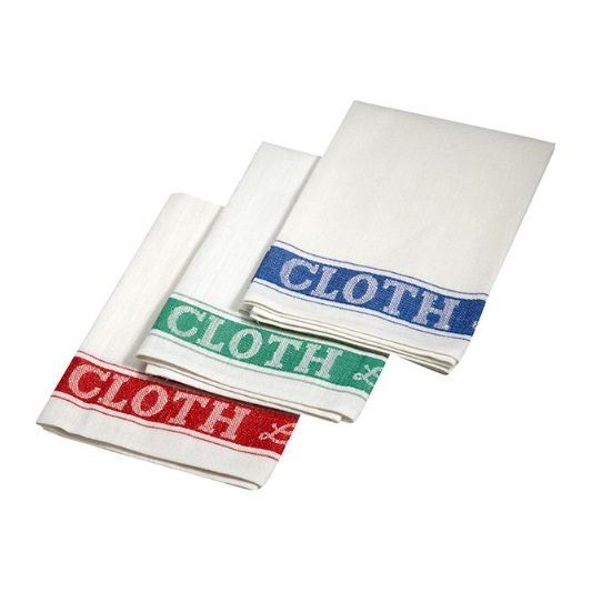 Premium glass cloths with red, green and blue jacquard band