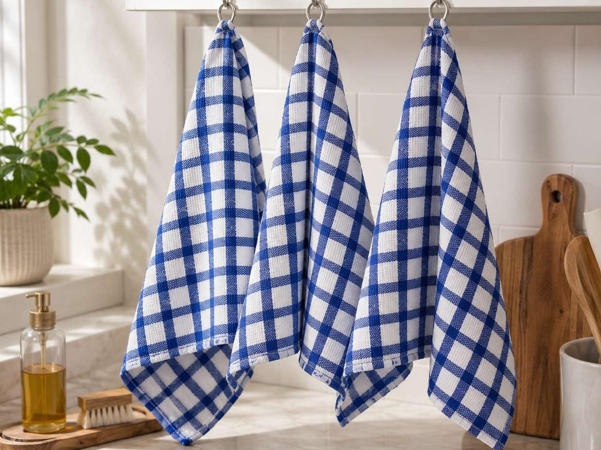 Blue and white check waffle kitchen towels hanging in a kitchen