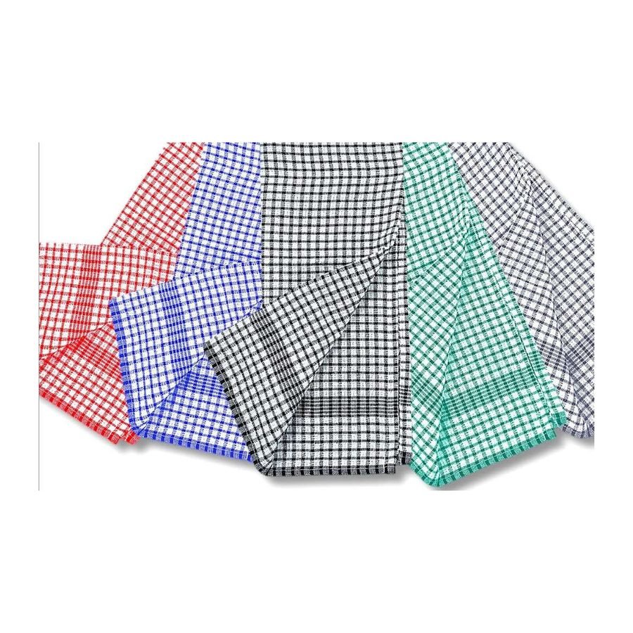 Non-terry check kitchen napkins in red, blue, black, green and grey