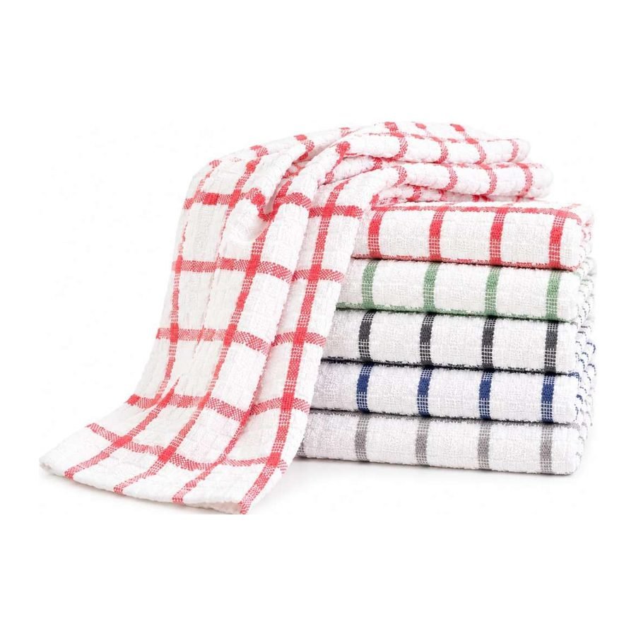 White terry kitchen towels with red, green, black, blue and grey windowpane check