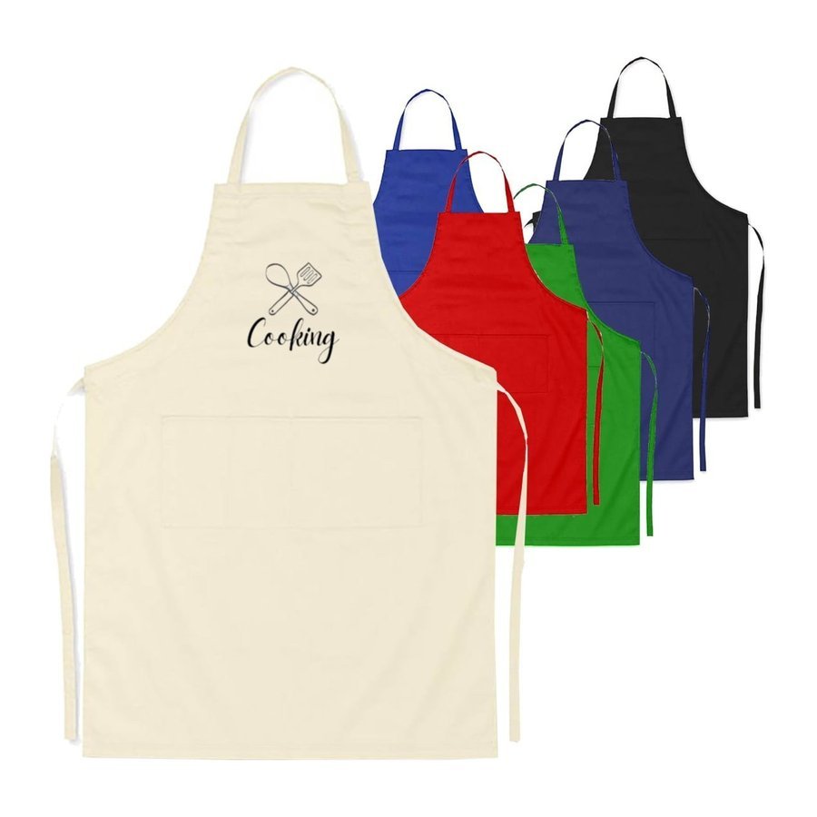 Cotton bib aprons in natural, blue, red, green, navy and black, one printed with a cooking logo