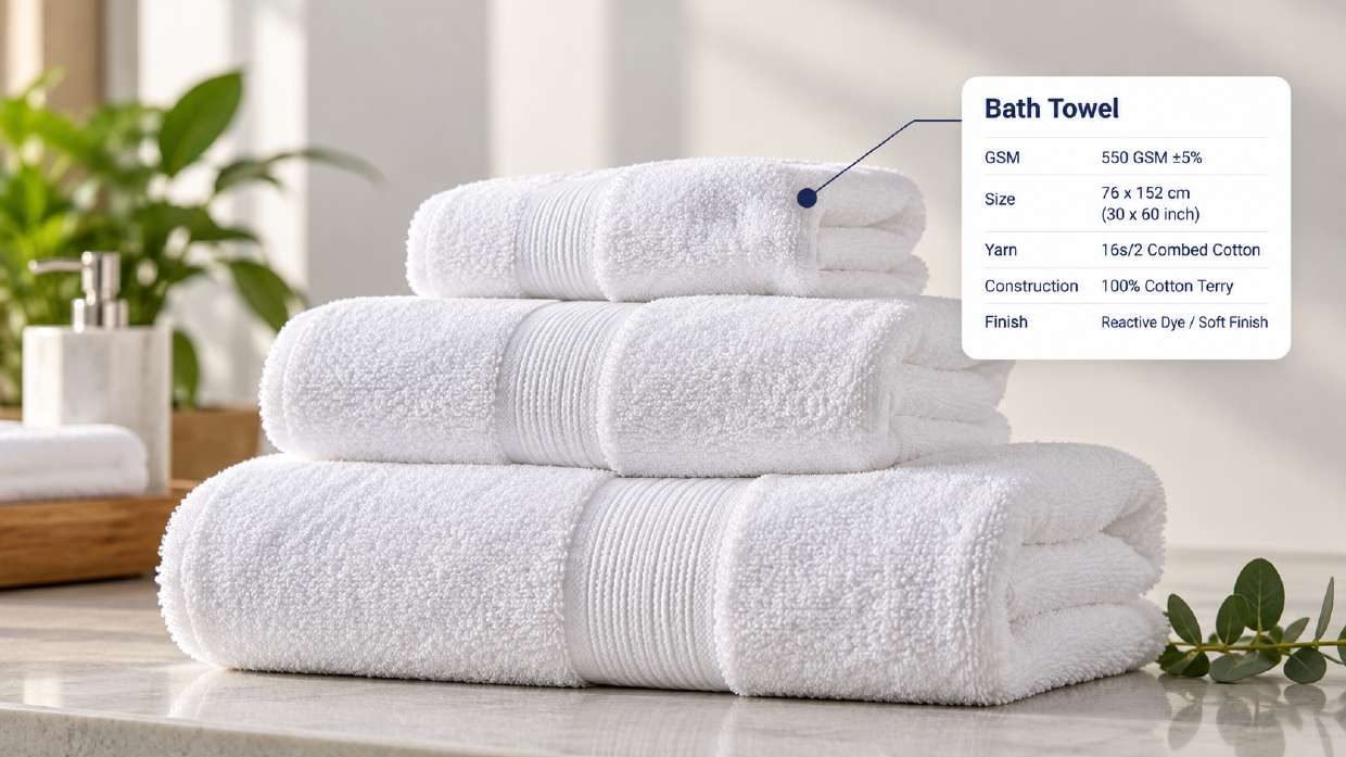 White bath, hand and face towels with a spec card: 550 GSM, 76 x 152 cm, 16s/2 combed cotton, 100% cotton terry